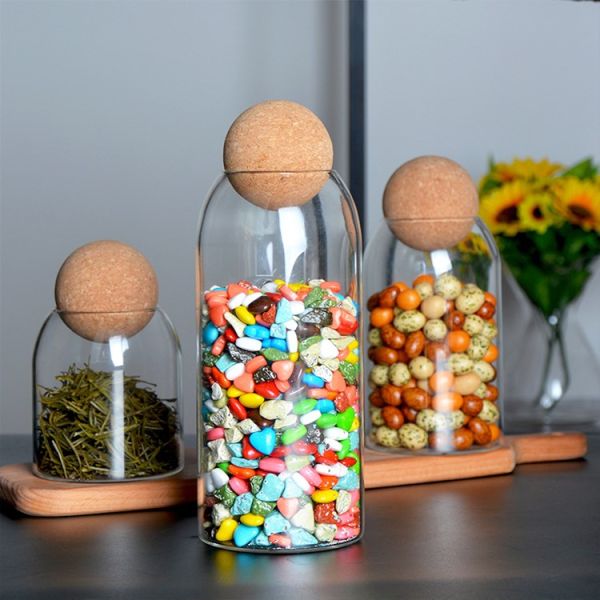 Hand Blown Borosilicate Glass Storage Jars Cork Lid Modern For Freshness Preservation