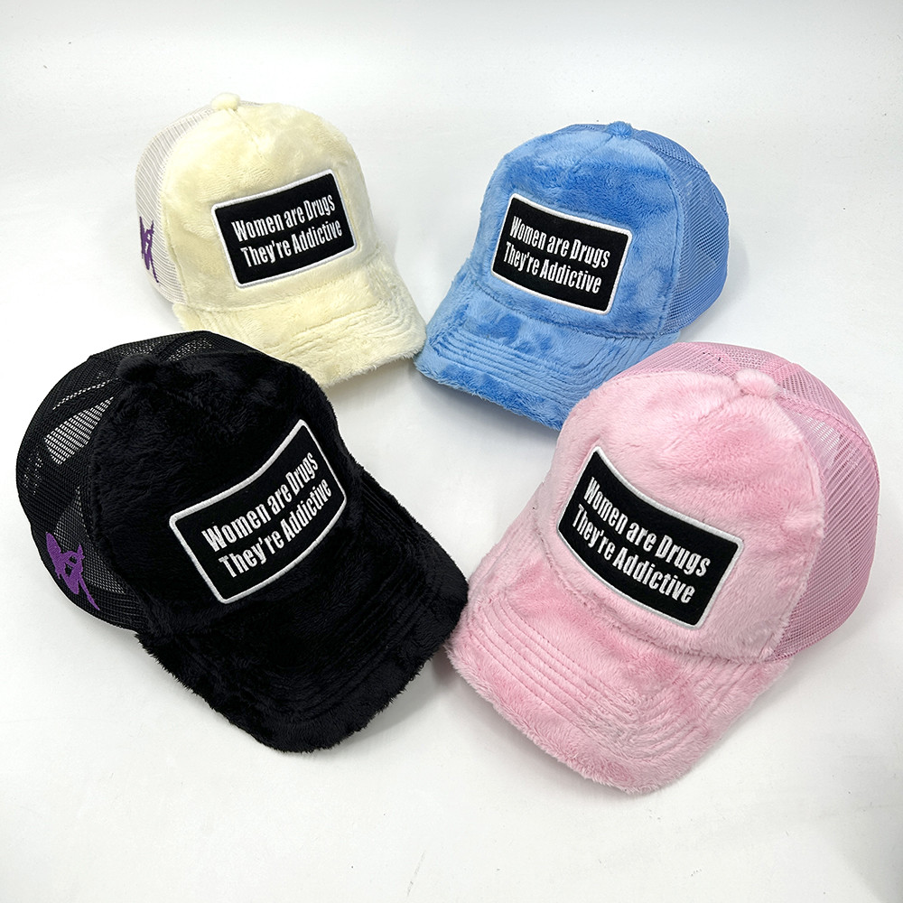 Embroidered Mesh Fluffy Velvet 5 Panel Trucker Hat Custom Snapback Cap