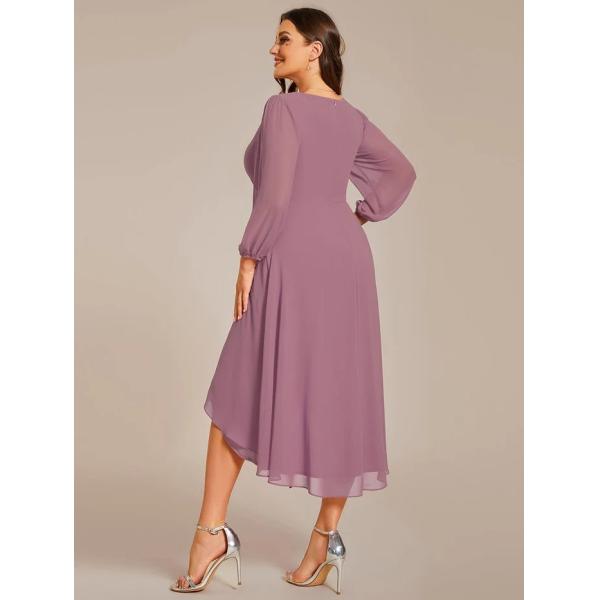 Ruffled A-line Long Sleeve V-neck High-low Wedding Guest Purple Orchid Chiffon Bridesmaid Dress