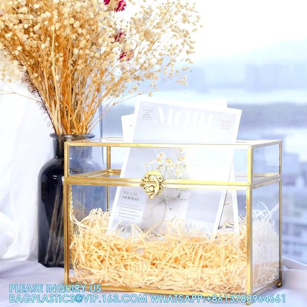 Glass Wedding Card Box With Slot, Clear Card Box Gold Brass Gift Card Storage Box Perfect For Wedding Receptions