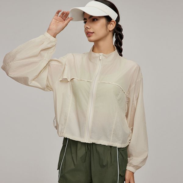 Women's Coral Sheer Nylon Windbreaker Jacket Full Zip Loose Fit for Outdoor Sports