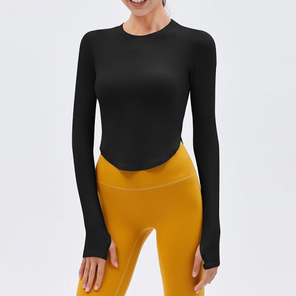 Mustard Yellow Ribbed Long Sleeve Crop Top for Women, Buttery Soft Stretchy Yoga Shirt with Thumb Holes for Workout Running Gym