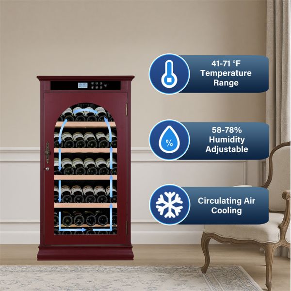Premium Red Wood Wine Cooler with Smart Digital Temperature Control and Lockable Glass Door