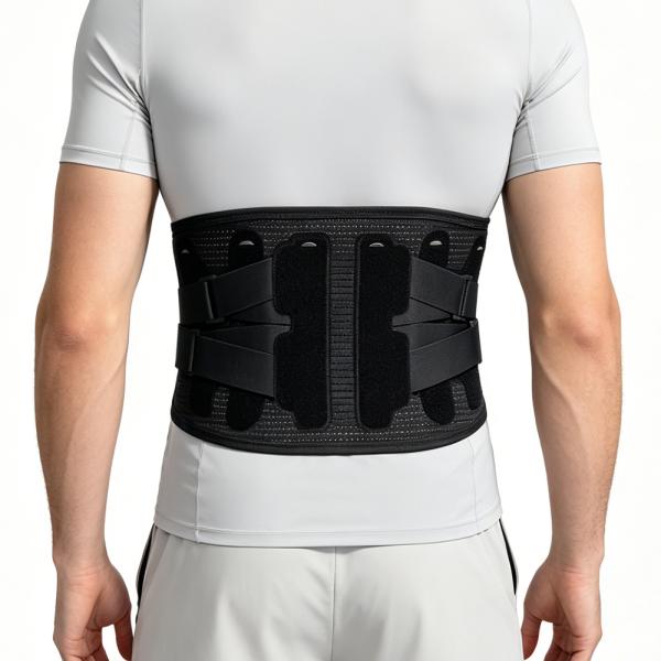 Adjustable Lumbar Support Back Brace with 6 Detachable Support Strips, Dual Pull Compression Straps Breathable Mesh Waist Belt 