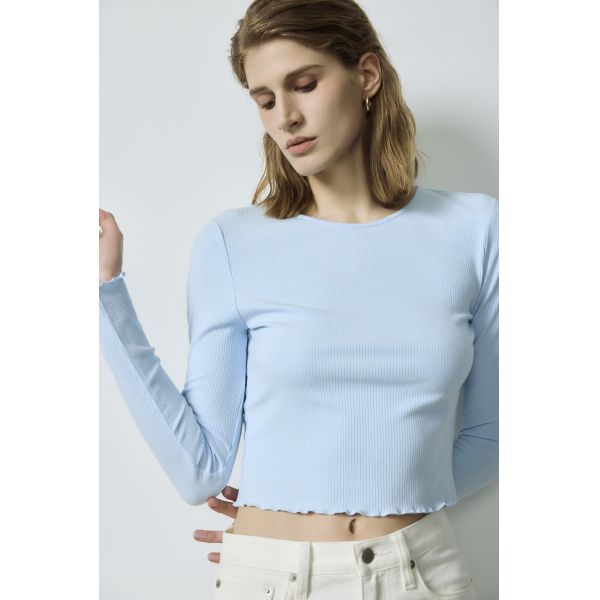 Blue Ribbed Long-Sleeve Lettuce-Hem Cropped Top & White High-Waist Cropped Straight-Leg Jeans Set