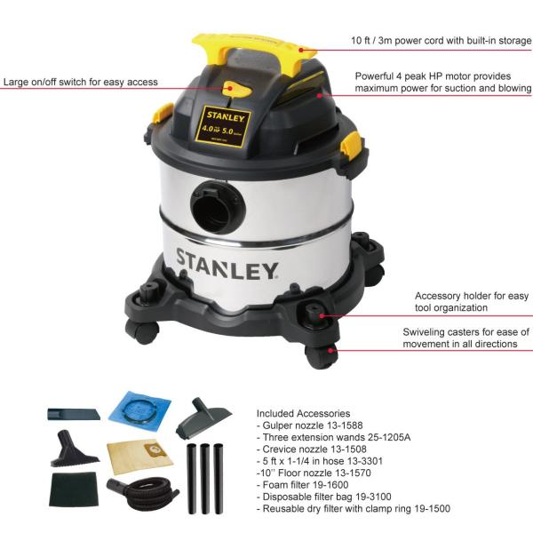 4HP Stanley 5 Gallon Stainless Steel Wet Dry Vacuum Waterproof  Compact Design