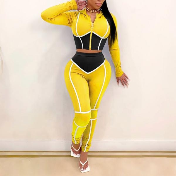 Cor de contraste de primavera Casual Jogging Traje desportivo para mulheres 2 peças conjunto roupas femininas