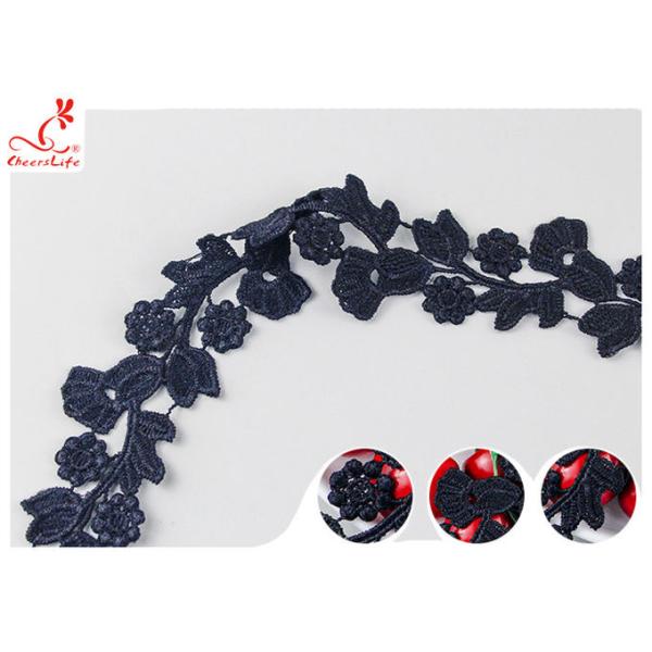 Black Floral Embroidery Edging Lace Trim Via Water Soluble With High Color Fastness Dye