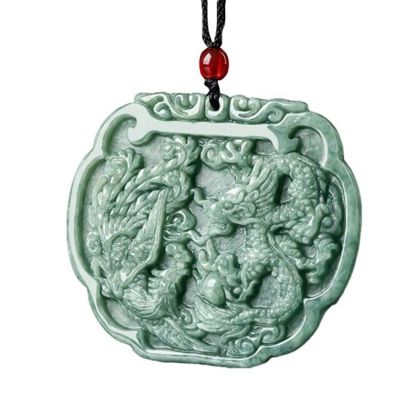 Love Theme Natural Jadeite Necklace Pendant in Feng Shui Style with Auspicious Dragon and Phoenix