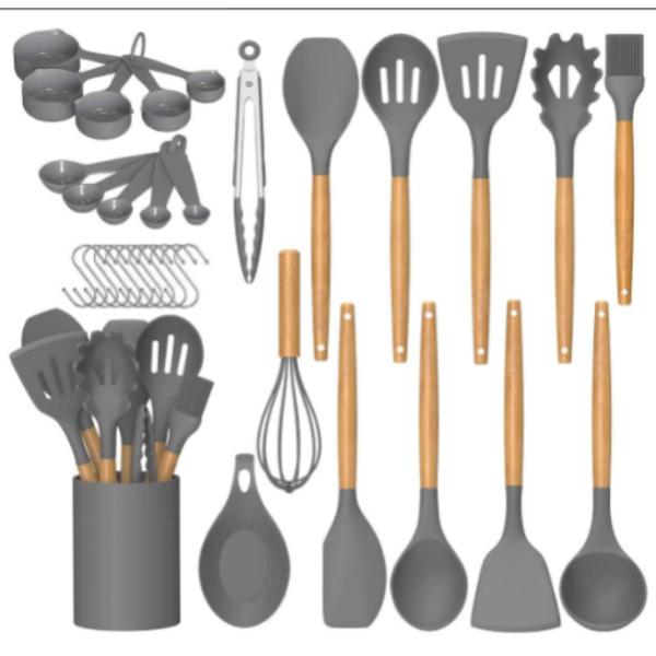 Stocked Silicone Kitchenware Cookware Sets With Wooden Handle Heat Resistant for OEM/ODM