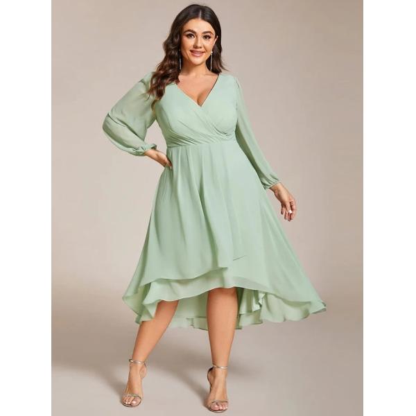 Elegant Empire Long Sleeve V-neck High Low A-line Ruffled Midi Burgundy Chiffon Wedding Guest Cocktail Dress