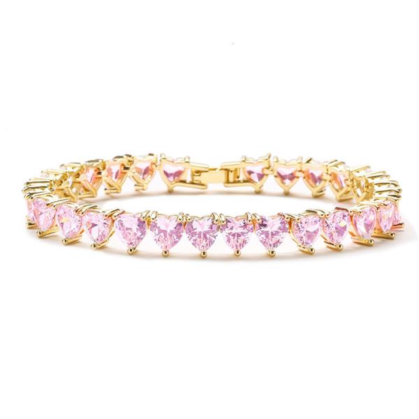 18k Gold Plated Full Diamond Bracelet 925 Sterling Silver Pink White Heart Zircon