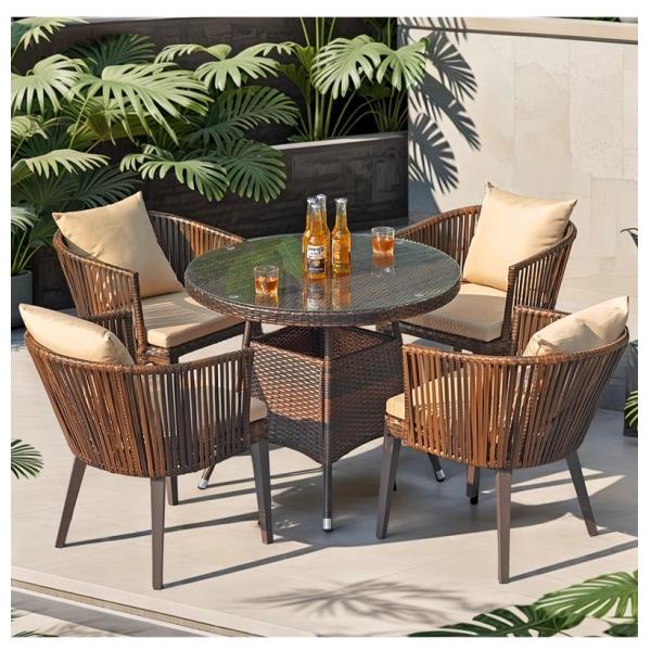 Outdoor Patio Rattan Chair And Table Set Garden Wicker Dining Chairs Weatherproof UV-Resistant Design For Balcony Terrace Or Open Deck