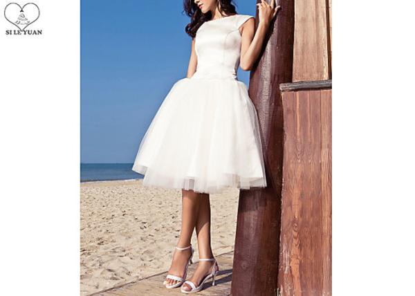 Off White Short Fitted Wedding Dress Sleeveless Top Satin Tulle Hems Back Zipper