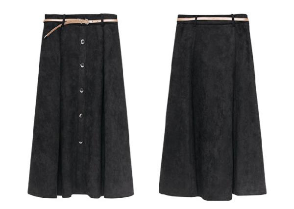 Black Wide Hem Ladies Dress Skirt Suede Skirt Calf Length With Belt