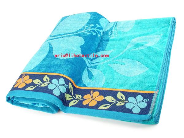 double jacquard beach towel with satin velour ，90X180CM,GSM400-700