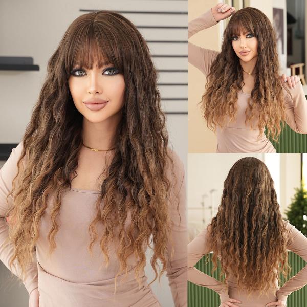 Fashion Long Deep Wave Two Tone Hair Brown/Blonde Synthetic Wigs For Women