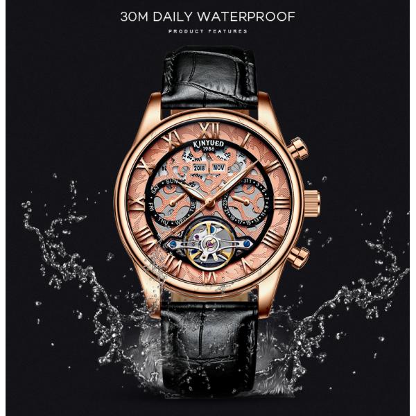 KINYUED genuine leather tourbillon mens automatic watch skeleton mechanical watch luminous watch