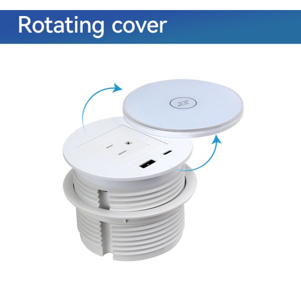 Recessed Desktop Power Strip with Wireless Charging Pad and Rotating Cover Black White