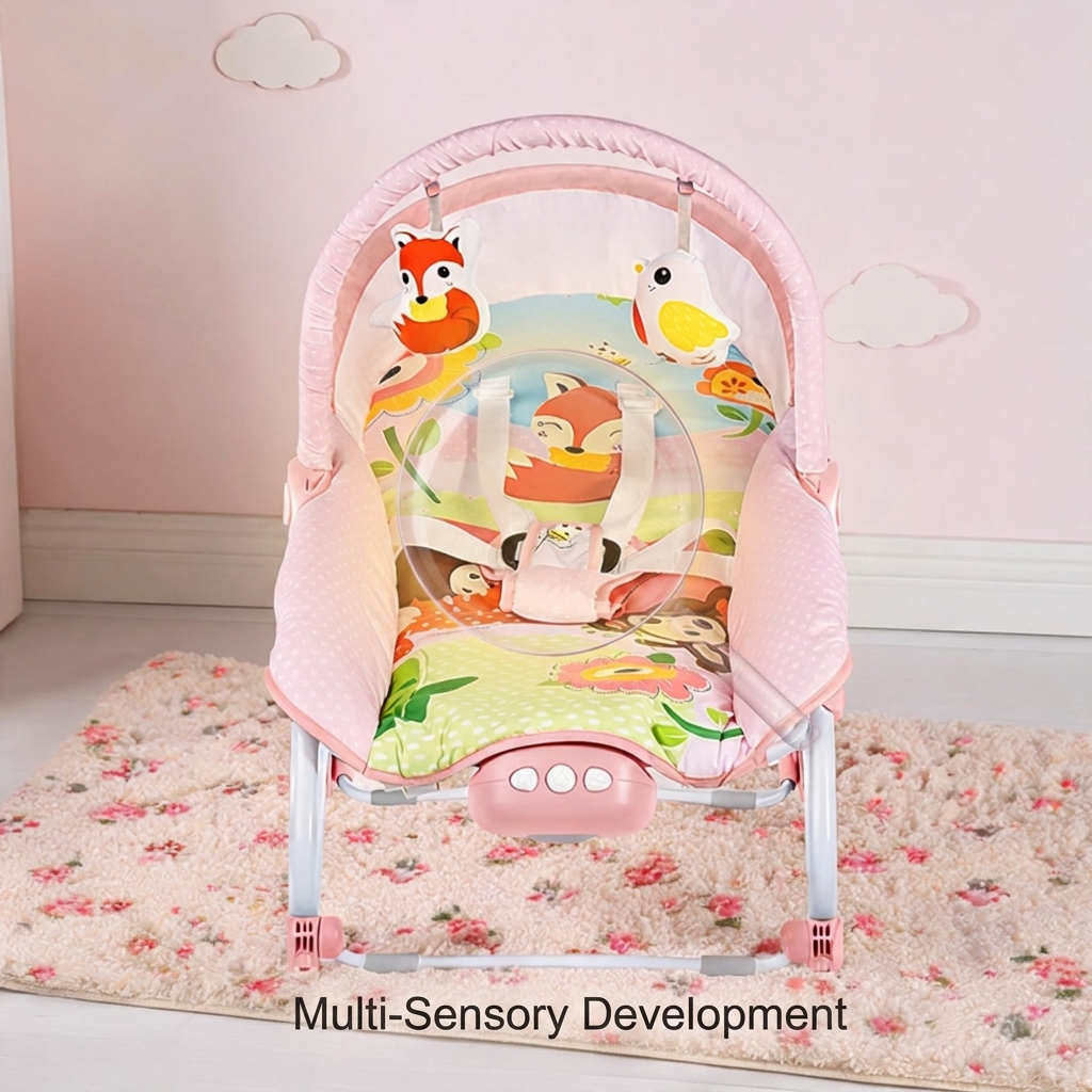 Musical Light Vibration Infant Rocker Chair 2 Plush Toys 2 Height Levels with Foldable European Frame