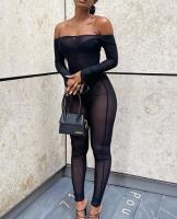 Clothing Manufacturer Low Moq One Shoulder Sexy Transparent Skinny Mesh Jumpsuit Black Color
