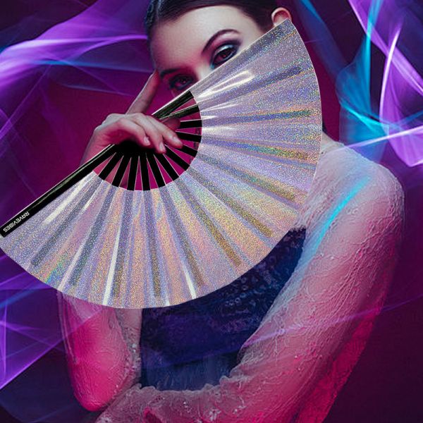 13 Inch Big Clack Large 33cm Custom Logo Printing Oxford Satin Bamboo Fan  Rave Fan for Party