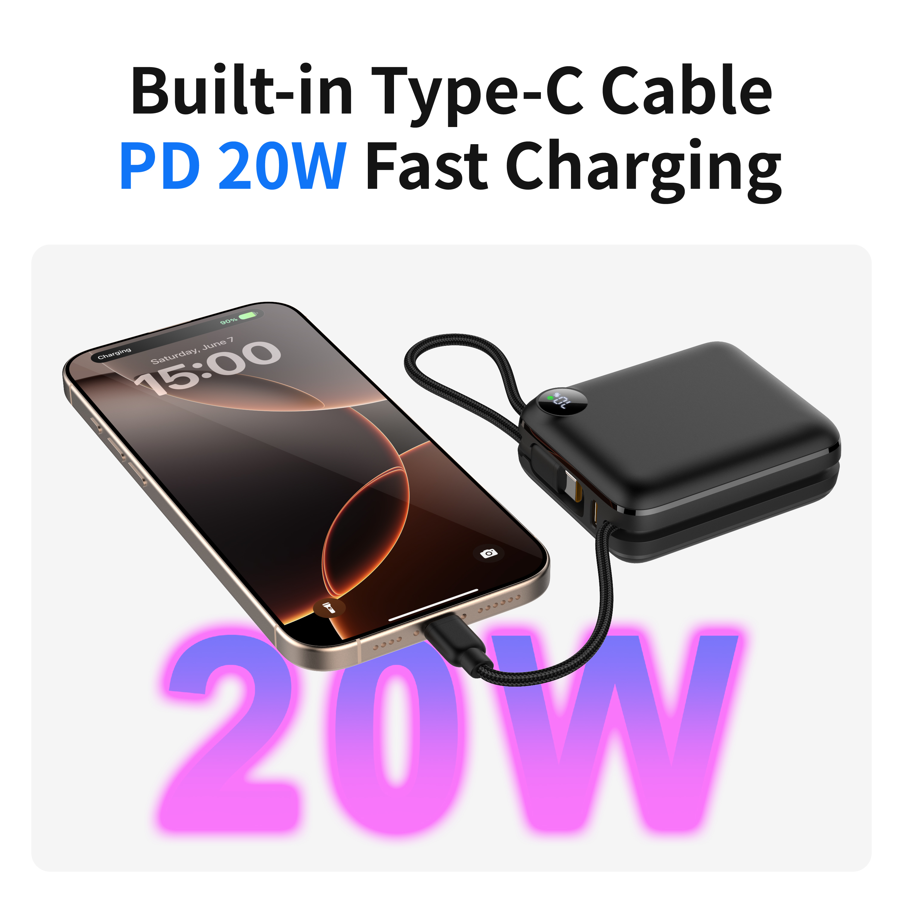 10000mAh Compact Portable Power Bank Fast Charge With Two Built‑in Bidirectional Type‑C Cables, Extra Type‑C Port LED Digital Display Fashion Mini External Battery Pack