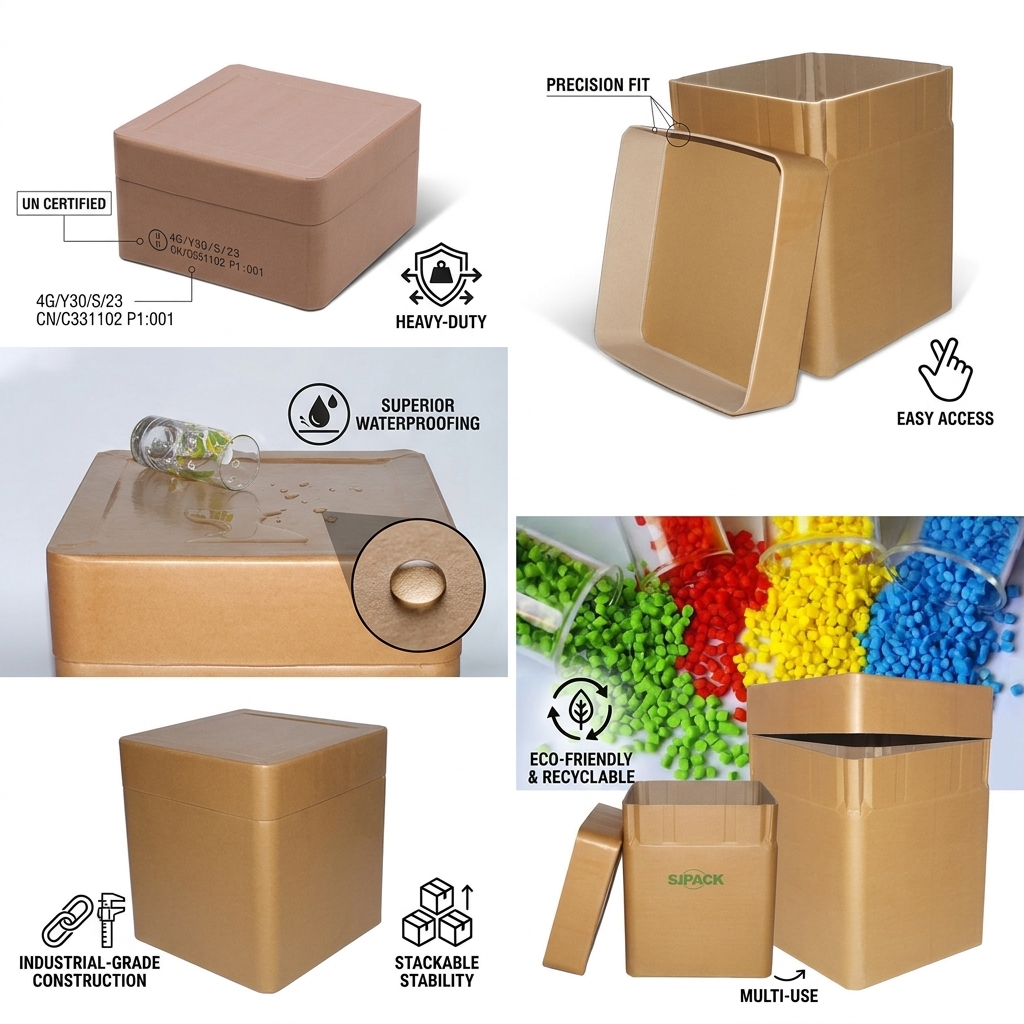Stackable 55 Gallon Square Fiber Drum Lightweight Steel Alternative Bulk Industrial Container 4-Layer Loading