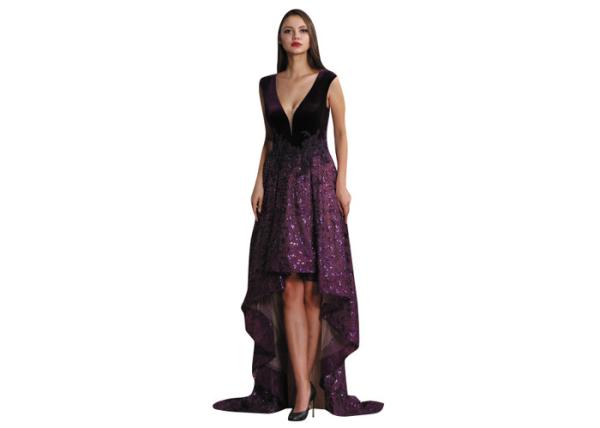 Dark Purple Sequined Sleeveless Formal Dresses , High Low Style Long Prom Dress
