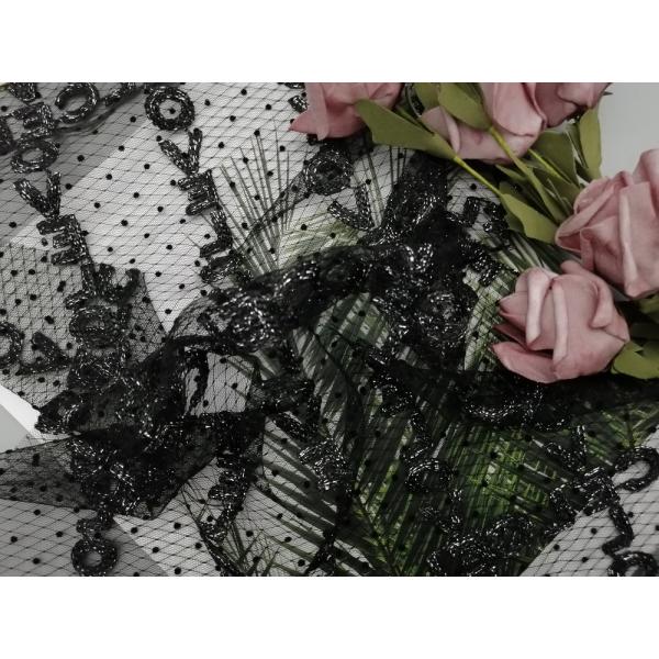 Черная собираннсяая ткань шнурка вышивки Тюль Lurex яркого блеска металлическая