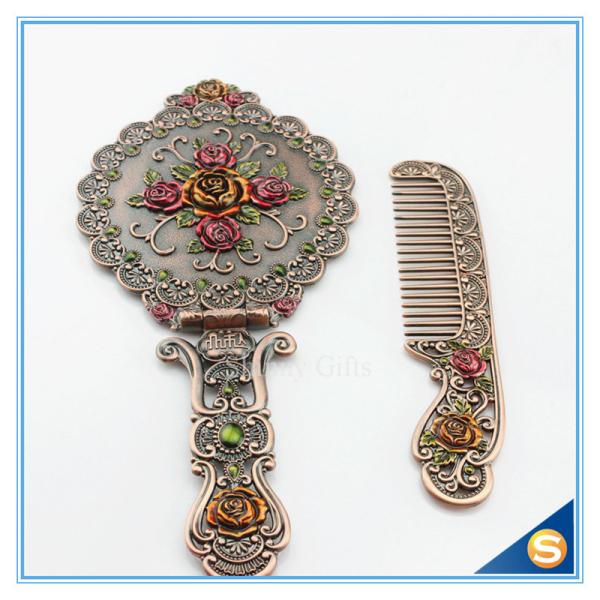 Circular Rose Design Classic Retro Makeup Mirrors One Side Ladies Handle Metal Cosmetic Mirrors