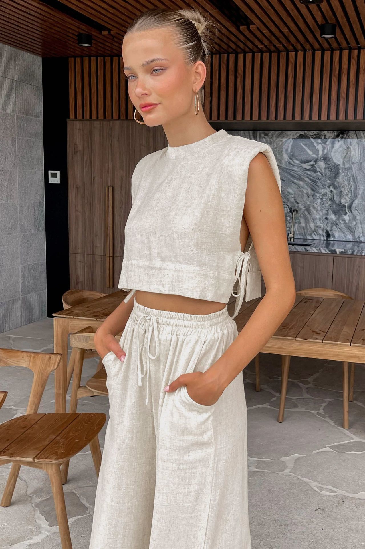 Women’s Side-Tie Crop Top and Straight-Leg Pants Set with Adjustable Side Ties and Elastic Waist