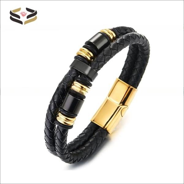 Geometric Leather Bracelet Wristband Double Row Black Braided with Stainless Steel Ornaments