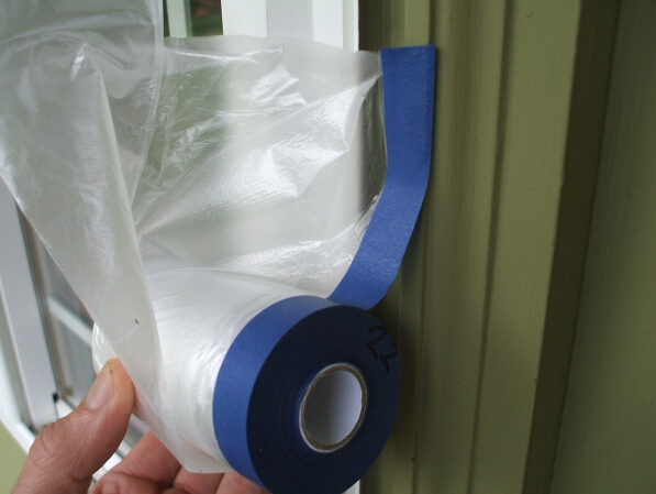 plastic drop cloth, PE drop cloth, plastic masking film, Taped clear HDPE plastic masking film drop film, House Painting