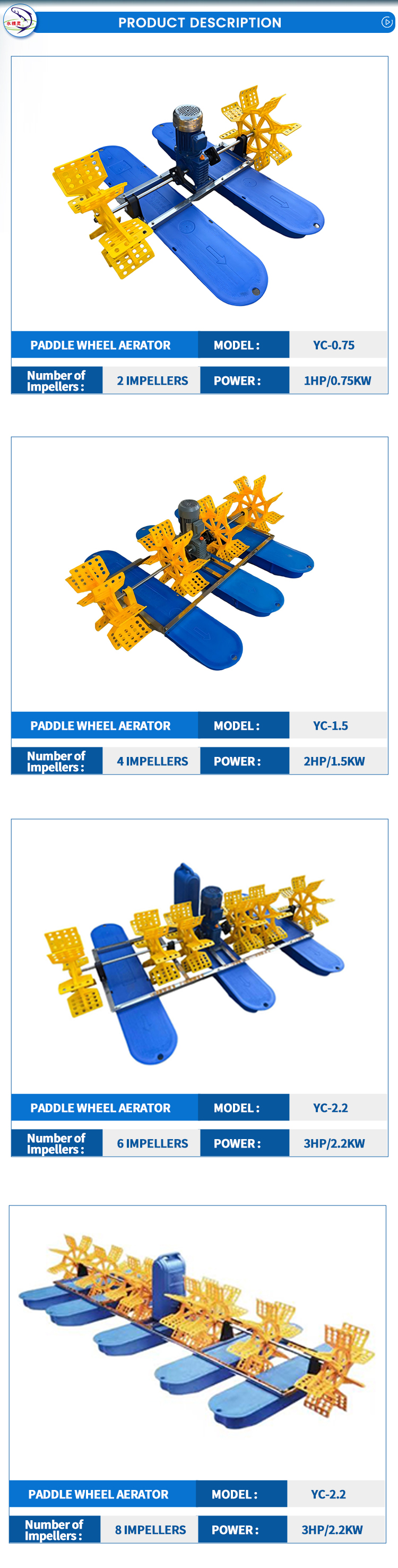 2 Impeller 1HP Paddle Wheel Aerator for Fish Farming Aquaculture Oxygen Generation