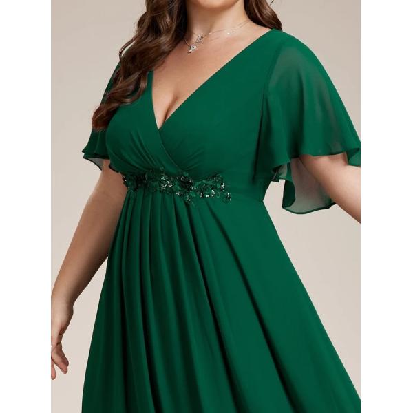 Sexy Empire Applique A-line Short Flutter Sleeves V-neck Invisible Zipper Dark Green Chiffon Evening Dress