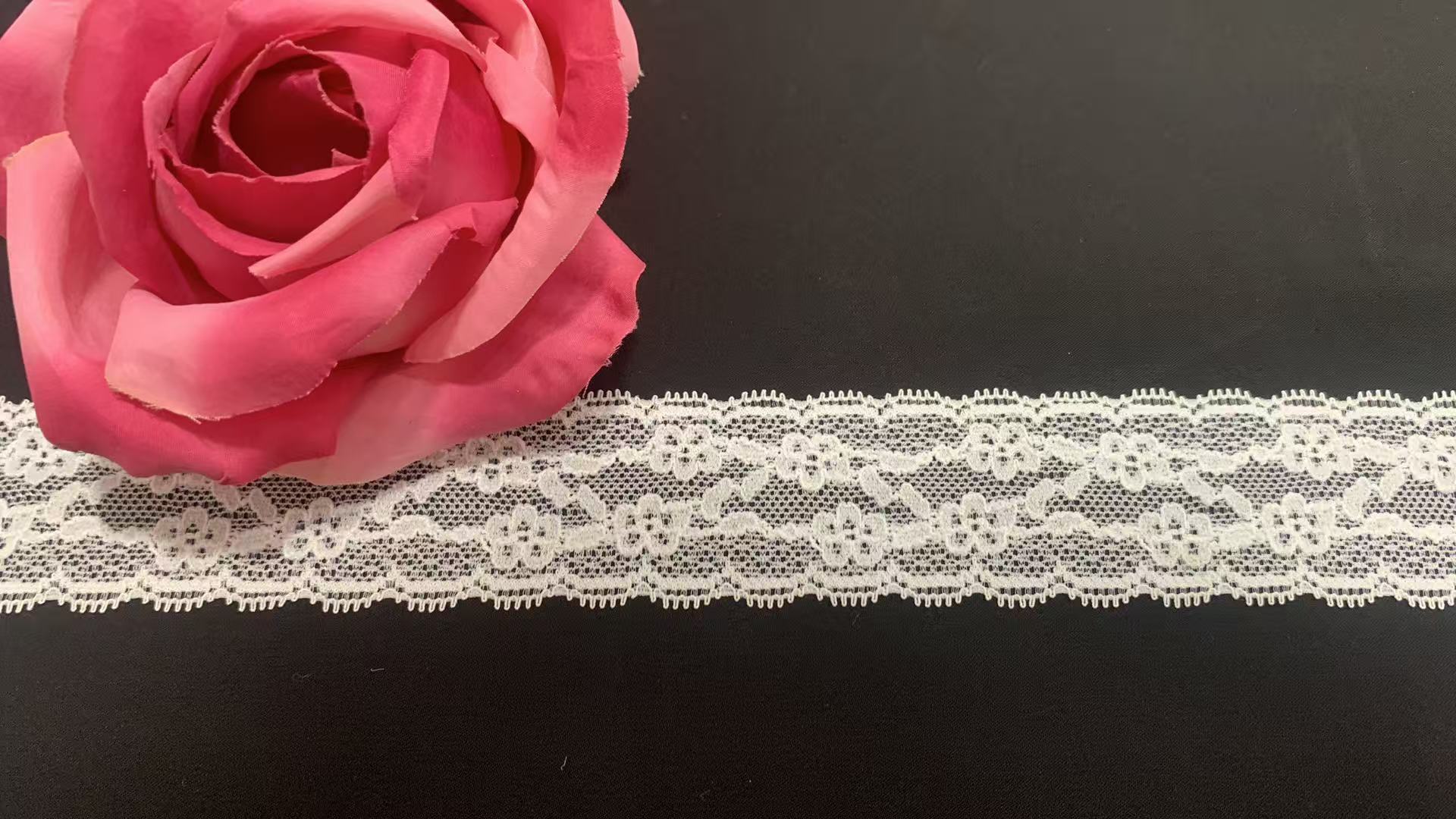 4cm White Vine Floral Elastic Nylon Lace Trim with Tooth Hollow Mesh for Lingerie and Wedding Dresses
