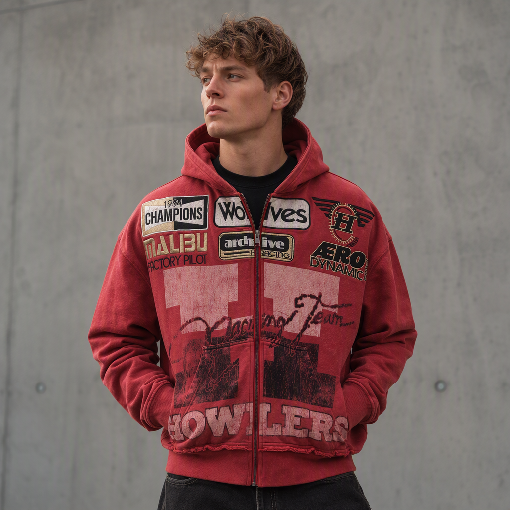 Custom Acid Wash Hoodie Vintage Screen Print Embroidery Pattern Logo Boxy Heavyweight Frayed Zipper Streetwear Men's Hoodies