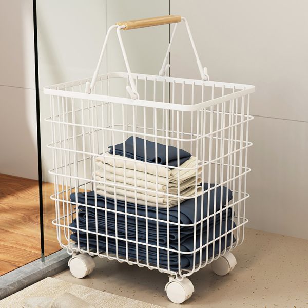 Iron Wire Laundry Hamper With Rolling Wheels Free Standing Storage Basket Dirty Clothes Cart Sorter Bathroom Washing Organizers