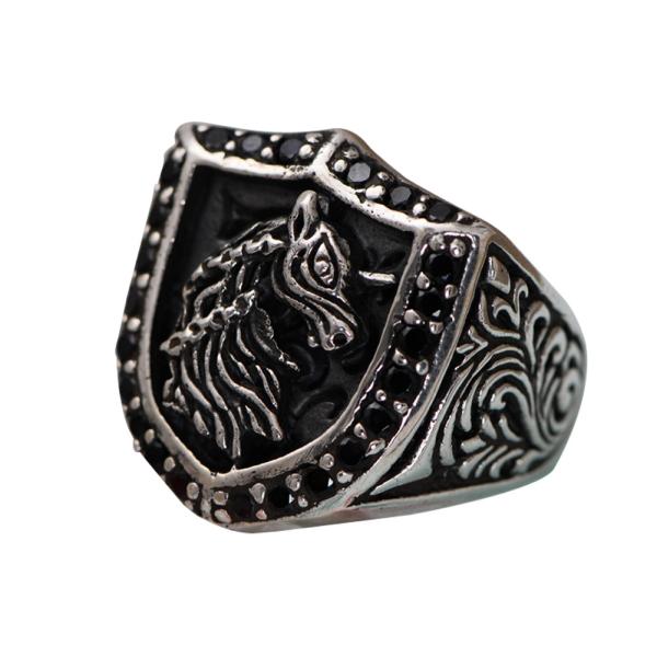 Retro Sterling Silver Engraved Unicorn Pave Black Cubic Zircon Men Ring (043890)