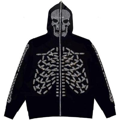 800 grams Hooded Zip Up Sweatshirt Men's Gothic Rhinestone Skull Graphic Print Jacket