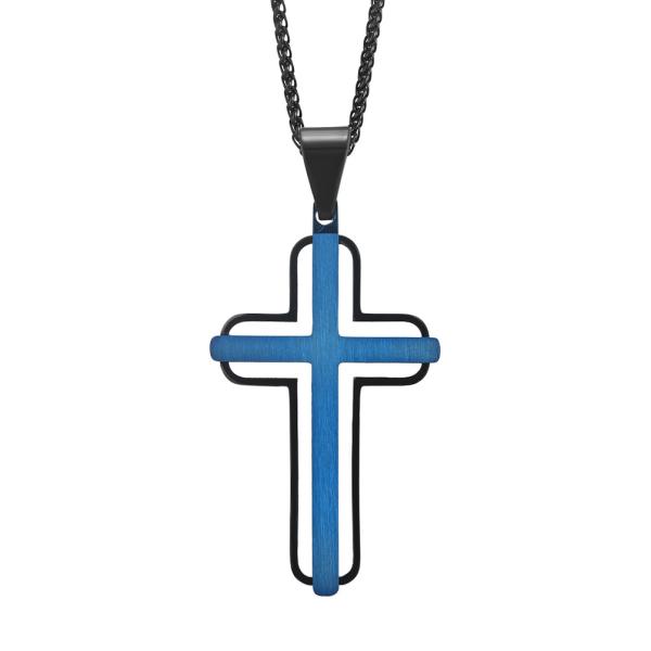 Vente à chaud Croix pendentif bleu et rose or Choker de prière métallique pour hommes Colliers en acier inoxydable Joyaux fin