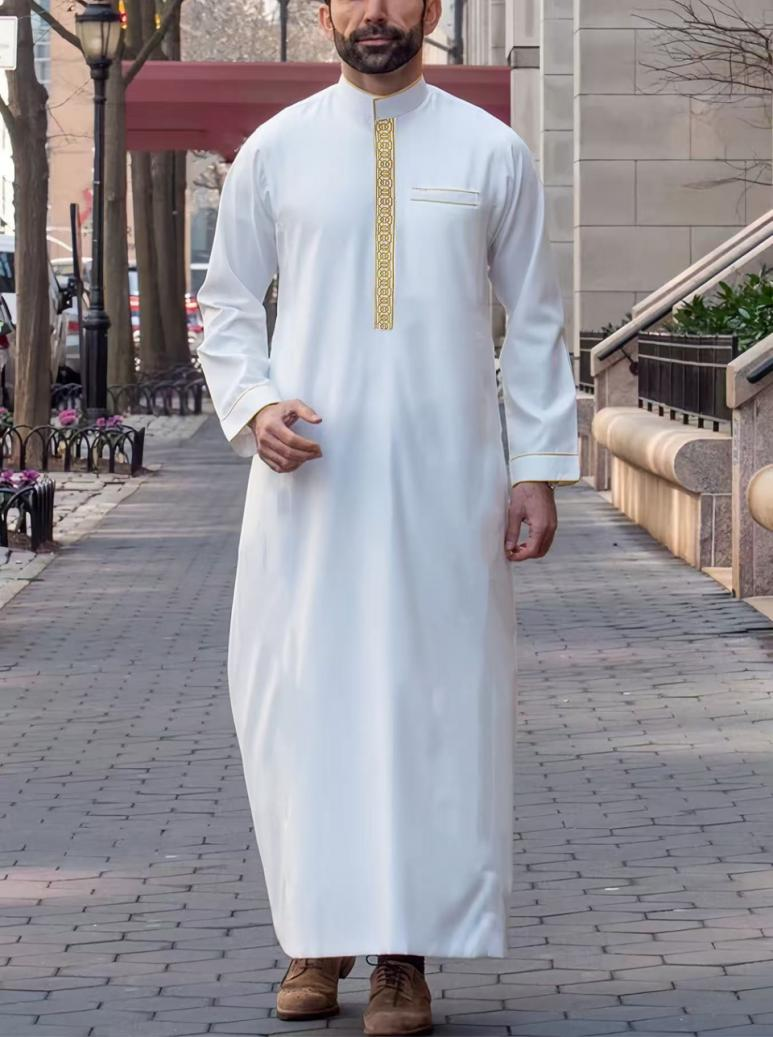 KM001 Middle Eastern Men's Embroidered Thobe / Jubba (Black With Gold Embroidery)
