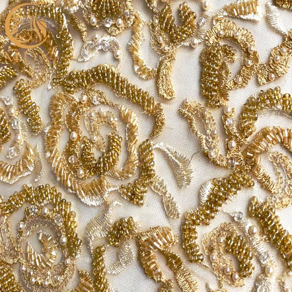 Золото Тюль вышило вышитой бисером тяжелой Handmade ткани шнурка для платьев