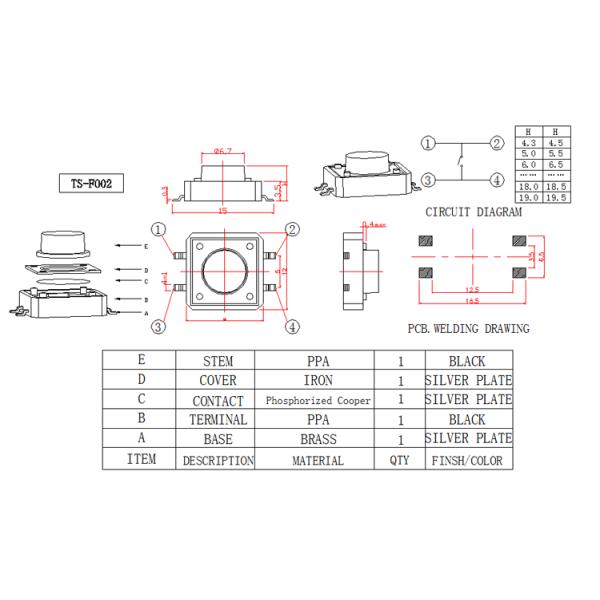 Side Press Momentary Silent Tactile Switch , 4 Pin Surface Mount Push Button