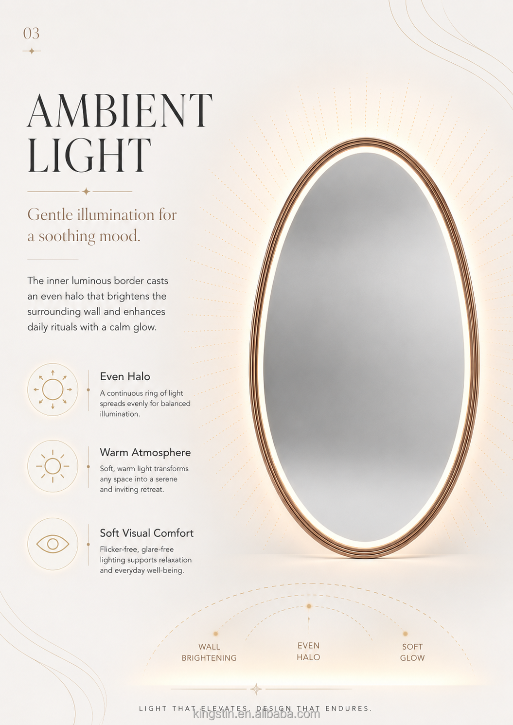 Kingstin LED Smart Bathroom Mirror Water Drop Oval Makeup Mirror Aluminum Frame Touch Anti-Fog Wall Mirror