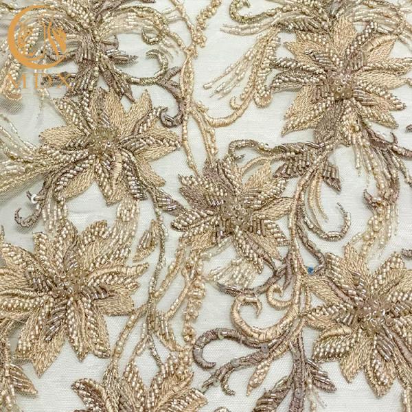 Customized Gold Heavy Beaded Embroidery Lace Fabrics By The Handmade