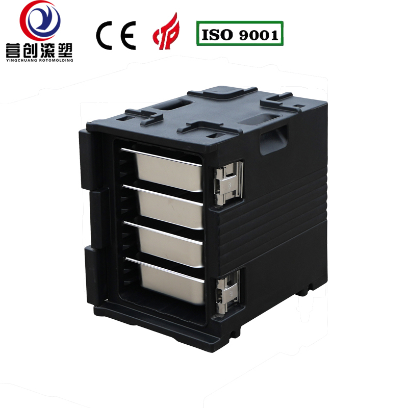 YINGCHUANG ROTOMOLDING OEM 90L Black Rotomolded Insulated Box With Small Casters, Thick PU Foam Hot & Cold Holding GN Pan Food Transport Cabinet For Central Kitchen Catering Canteen