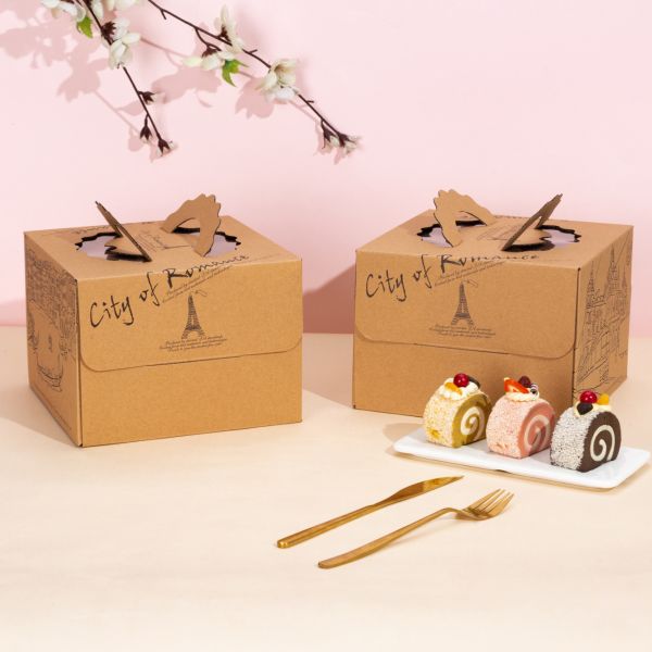 Kraft Paper Cake Box Single Layer Disposable Birthday Packaging 4 14 Inch Sizes Handle Carry Design City Skyline Pattern Eco Friendly Bakery Box