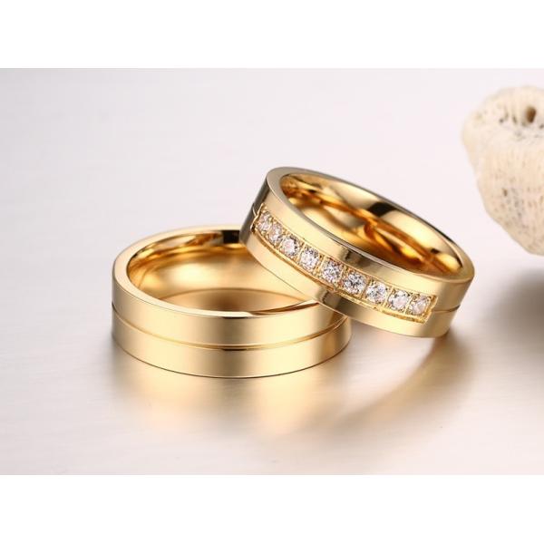 Anneaux de mariage en acier inoxydable de 6 mm avec incrustation de pierre CZ plaqué en or